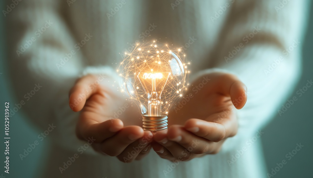 Poster Artistic depiction of hands holding a glowing lightbulb icon intertwined with digital network circuits against a soft light blue backdrop