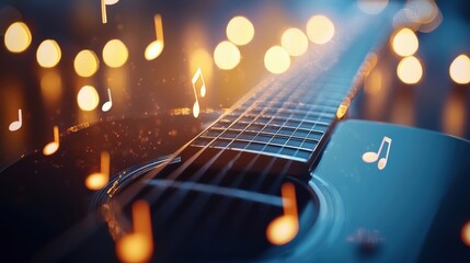 Acoustic guitar with glowing musical notes in the background