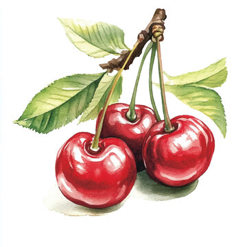 watercolor red cherries on branch clip art preview
