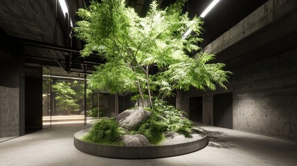 A harmonious fusion of nature and modern design in an urban warehouse space with led lighting