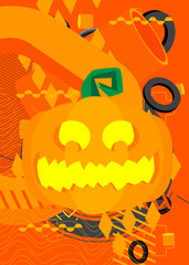 Halloween Jack O' Lantern pumpkin geometrical graphic retro theme background. Minimal geometric elements. Vintage abstract shapes vector illustration.