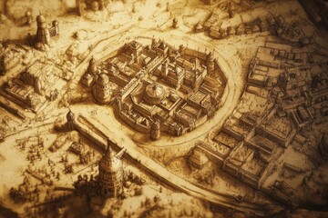 Naklejka premium Detailed ancient city map, sepia tones, hand-illustrated buildings and roads, vintage layout