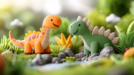 Naklejka premium Playful 3D clay dinosaurs having an exciting race through a vibrant prehistoric world filled with color and imagination