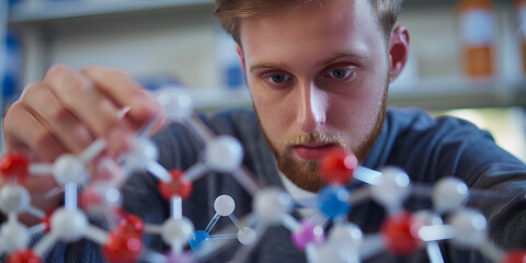 Young Scientist Analyzing Molecular Model in Laboratory Setting, Focused Male Researcher Examining Molecular Structure Model in Lab