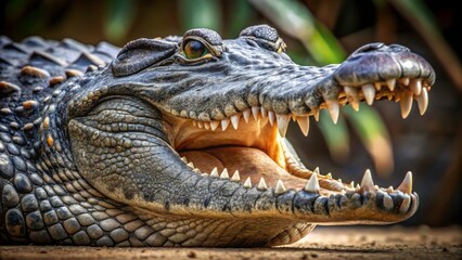 Fototapeta premium A menacing alligator showcasing its sharp teeth and powerful jaws, predator, reptile, wildlife, dangerous, aggressive, predator