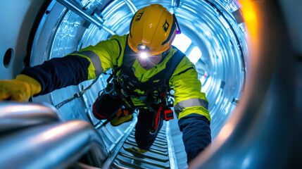 wind turbine technician is climbing ladder inside turbine, showcasing importance of safety and skill in renewable energy. bright helmet light illuminates space, emphasizing technicians focus and