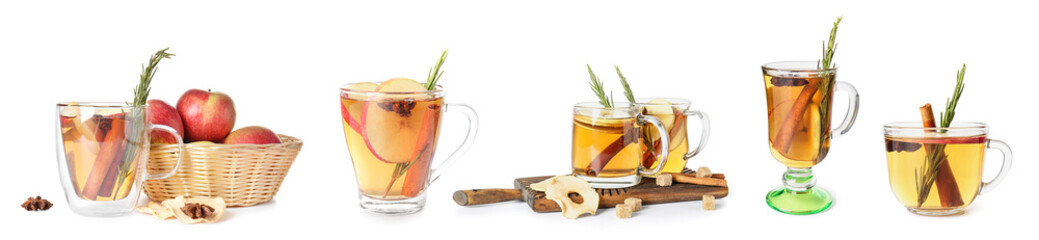 Set of delicious mulled wine on white background