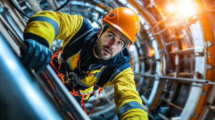 Climbing wind turbine, technician in safety gear demonstrates skill and focus. bright orange helmet and reflective clothing highlight safety in challenging environment