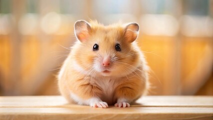 Fototapeta premium Fluffy golden hamster sitting on edge of table, shallow depth of field , hamster, pet, golden, fluffy, small, rodent, cute
