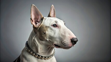 Adorable bull terrier dog with silver collar pnatig and looking to the side, Bull Terrier, dog, pet, adorable, panting