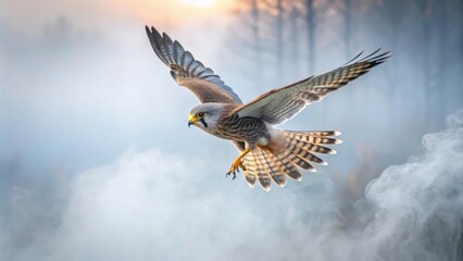 Obraz premium A kestrel gracefully diving through foggy morning air , kestrel, gliding, foggy, morning, air, wings, outstretched, dive