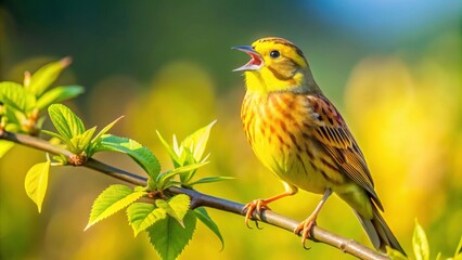 Obraz premium Yellowhammer singing on branch in sunny summer nature, bird, yellowhammer, singing, branch, sunny, summer, nature