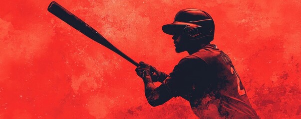 Dynamic silhouette of a baseball player poised to swing on a vibrant red background.