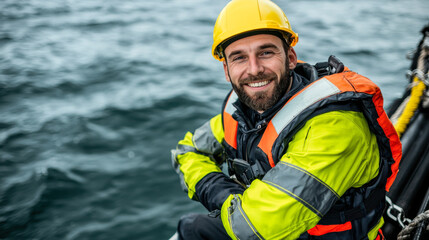 Fototapeta premium Offshore technician in safety gear smiling by water, showcasing confidence and professionalism. bright yellow helmet and reflective vest highlight safety in marine environment