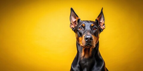 Beautiful doberman dog posing elegantly on vibrant yellow background , doberman, dog, animal, pet, breed, elegant, posing