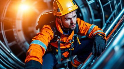 Fototapeta premium wind turbine technician in orange safety suit climbs inside turbine, showcasing determination and focus. scene highlights importance of safety in renewable energy