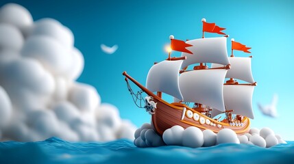 Naklejka premium Whimsical 3D clay pirate ship sailing in a bright cartoony ocean with exaggerated swirling waves An imaginative fantasy seascape evoking a sense of adventure and on the high seas