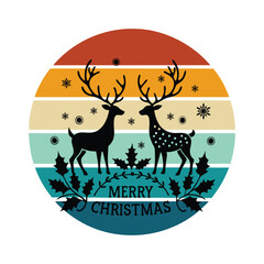 Merry Christmas Retro Scenic Winter Landscape with Cabin and Trees,Reindeer - Holiday Silhouette Vector For T-Shirt