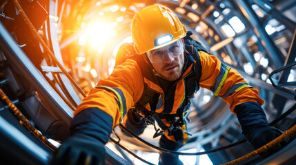 Climbing wind turbine, technician in safety gear showcases determination and skill. vibrant colors and dynamic perspective highlight challenging work environment