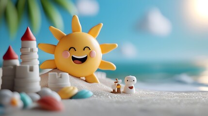 Delightful 3D clay sun shining down on a colorful cartoon beach scene with characters happily building sandcastles in the warm sunny summer environment