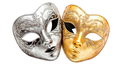 view of a pair of golden and silver masquerade masks transparant background