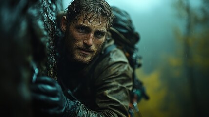 Obraz premium A Man Climbing a Rocky Cliff in the Rain