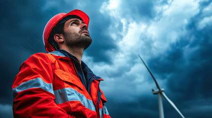 Obraz premium wind turbine technician gazes upward, bracing against stormy sky, showcasing determination and resilience in challenging weather conditions
