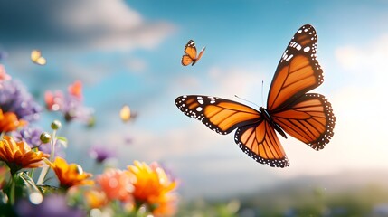 Obraz premium Breathtaking digital artwork depicting a 3D clay butterfly in flight gracefully soaring over a lush vibrant field of colorful flowers