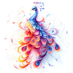 Obraz premium Whimsical peacock with vibrant colors and intricate patterns, surrounded by dreamlike background. This artistic representation evokes sense of wonder and creativity
