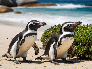 Obraz premium Captivating African Penguins at Boulders Beach, South Africa – Iconic Wildlife and Scenic Ocean Landscape for Nature Enthusiasts and Travelers