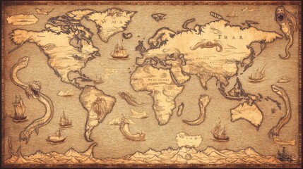 Vintage world map with sea monsters, aged brown tones, fantasy cartography