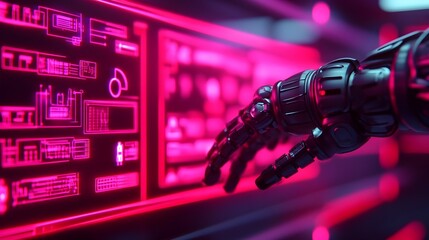 Fototapeta premium Robotic arms precisely adjusting a futuristic car engine amidst neon holographic displays and floating digital schematics in a high tech cyberpunk inspired garage setting