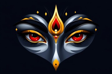 A minimalistic design of Kaliâ€™s eyes and forehead with her third eye, against a soft blue background