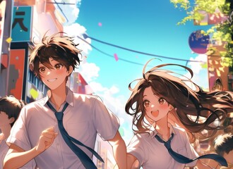 A handsome boy in a white shirt and tie chases after an elegant girl in a school uniform skirt