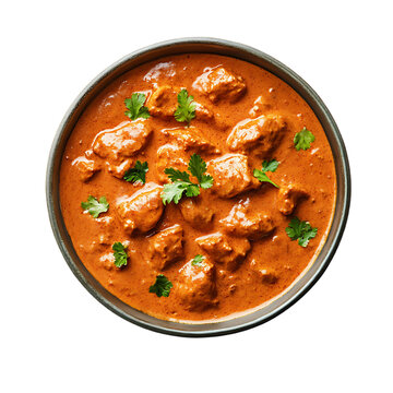 A bowl of creamy, orange chicken tikka masala with cilantro garnish.