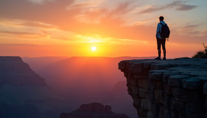 Fototapeta premium Grand Canyon Sunrise: Hiker's Majestic View
