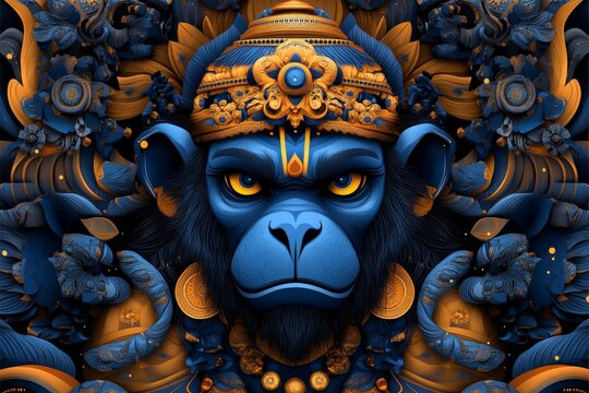 Naklejki A retro-style poster of Hanuman, with bold lines and colors reminiscent of classic Indian art