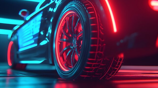 Automated robot technician performing tire pressure and vehicle diagnostics on a sleek futuristic car in a high tech neon lit garage