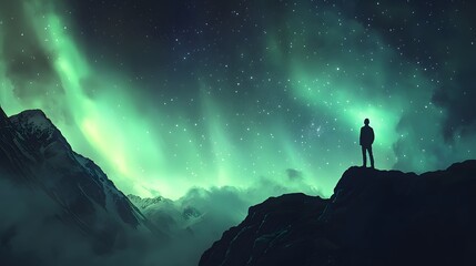 Fototapeta premium Aurora borealis and silhouette of standing man on the mountain. Aurora and traveller. Starry sky and green polar lights. Night landscape with northern lights and people. Concept. Nature background . 