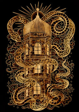 Graphic illustration with snake - symbol of the year according to chinese horoscope, and tower against black background. Esoteric, gothic and mystic artwork, epic concept for print, tattoo, cards