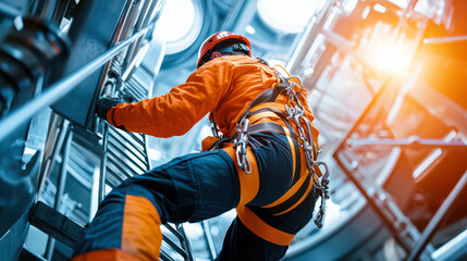 Climbing wind turbine, technician in safety gear ascends ladder with determination. scene captures essence of industrial work and importance of safety