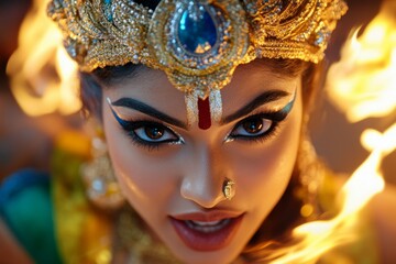 Naklejka premium An intense scene of Goddess Kali stepping onto a battlefield, her aura blazing with divine fire