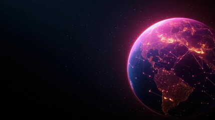 Fototapeta premium Globalization. A close up of a planet with a bright pink glow