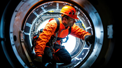 technician in orange safety suit and helmet is seen climbing inside large cylindrical structure, showcasing intricate details of machinery. scene conveys sense of focus and determination