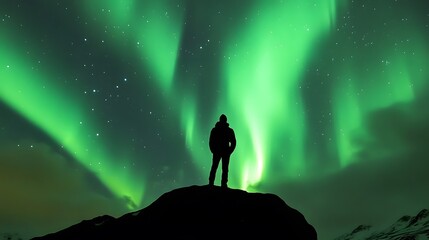 Fototapeta premium Aurora borealis and silhouette of standing man on the mountain. Aurora and traveller. Starry sky and green polar lights. Night landscape with northern lights and people. Concept. Nature background . 