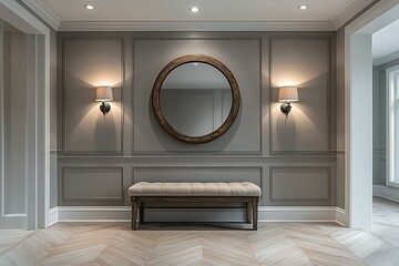 Elegant and modern entryway with a large circular mirror, a tufted bench, and warm lighting.