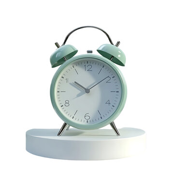 A classic, mint green alarm clock with silver hands and a white face is on a white pedestal.