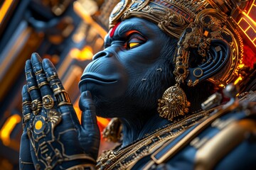 Fototapeta premium Hanuman with a cybernetic arm and neon details, standing in front of a glowing digital background, symbolizing divine power in a tech-inspired world