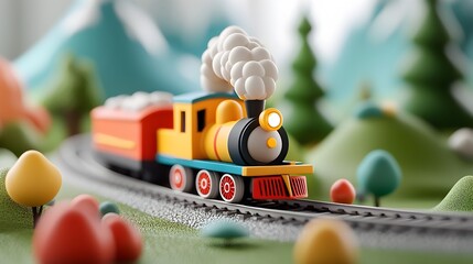 Colorful 3D clay train chugging along a winding track through a whimsical cartoon mountain range showcasing an adventure filled transportation scene with a playful imaginative design