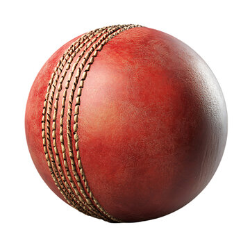 A close-up image of a red leather cricket ball with white stitching.